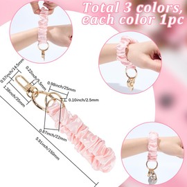 SUNNYCLUE 3 Colors Scrunchie Keychain Bulk Wrist Keychain Bracelet Elastic Scrunchie Key Chain Bracelet Keyrings Wristlet Pink Satin Stretchy Hair Tie for Women Car Keys Bag Hanging Decoration Gifts,