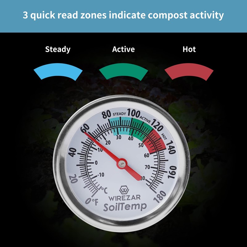 Backyard Compost Thermometer 16 Inch(No Batteries), Stainless Steel Soil Testing