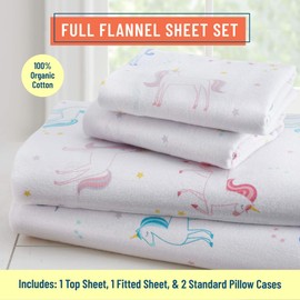 Wildkin Kids 100% Organic Cotton Flannel Full Sheet Set for Boys and Girls, Bedding Set Includes Top Sheet, Fitted Sheet, Pillow Case, Certified OEKO-TEX Standard 100, BPA-free (Unicorn)