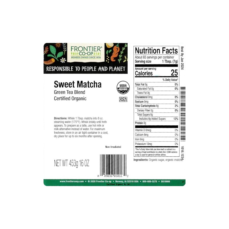 Frontier Co-op Organic Sweet Matcha Green Tea Powder, 16 Oz,