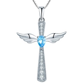 YL Cross Angel Wing Necklace 925 Sterling Silver March Birthstone Aquamarine Blue Cubic Zirconia Guardian Angel Pendant Necklace for Women