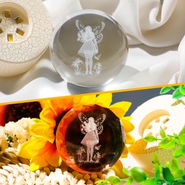 6cm K9 Crystal Ball Engraved 3D Fairy with Rose Figurine Paperweight with LED Light Base, Fairy Themed Ornament Gifts for Women Friends Fairy Lovers for Birthday Christmas