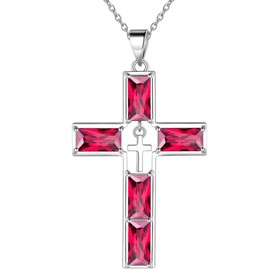Jewmon Baguette Birthstone Cross Necklace for Women Lab Ruby Pendant Charm 925 Sterling Silver Cross Birthstone Necklace for Men Protection Amulet Jewelry Christmas Birthday Gifts for Mom Wife FP0286R