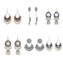 6 Pairs Indian Jhumka Jhumki Ethnic Dangle Earring Sets for Women Vintage Silver Gold Long Tassel Bell Drop Earrings Boho Jewelry, Metal Silver, no