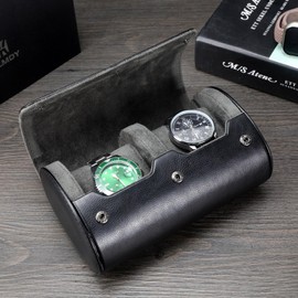 HELMDY Travel Watch Case - Two Watch Roll Storage Box Organizer for Men's Women's Wristwatches & Smart Watches up to 50mm (Black / 2 Slot)