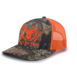 Heritage Pride Deer Head with Guns Antlers Outdoors Mens Embroidered Mesh Back Trucker Hat, Breakup Camo/Orange/Breakup Camo