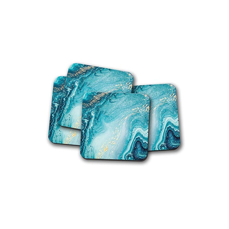 4 Set - Blue Gold Marble Coaster - Paint Art