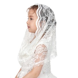 PAMOR Infinity First Communion Veils for Girls Lace Chapel Veil Mantilla Veils Latin Lass Church Veil for Catholic Baptism (White E)