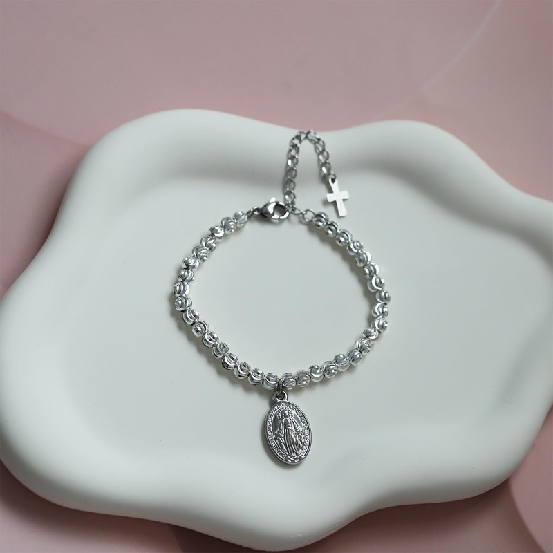 Rnivida Stainless Steel Catholic Rosary Bracelet for Women,Adjustable Chain