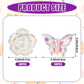 60pcs Resin Micro Butterflies and 60pcs Mini Resin Flowers, Mini Resin Flowers Resin Flowers for Girls and Women Dollhouse Fairy Nail Art Decoration (Transparent)