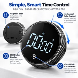 Magnetic Rotary Kitchen Timer – Battery-Free Count Up & Countdown Timer with Digital Display, 3 Volume Levels & 5-Second Adjustment, Black