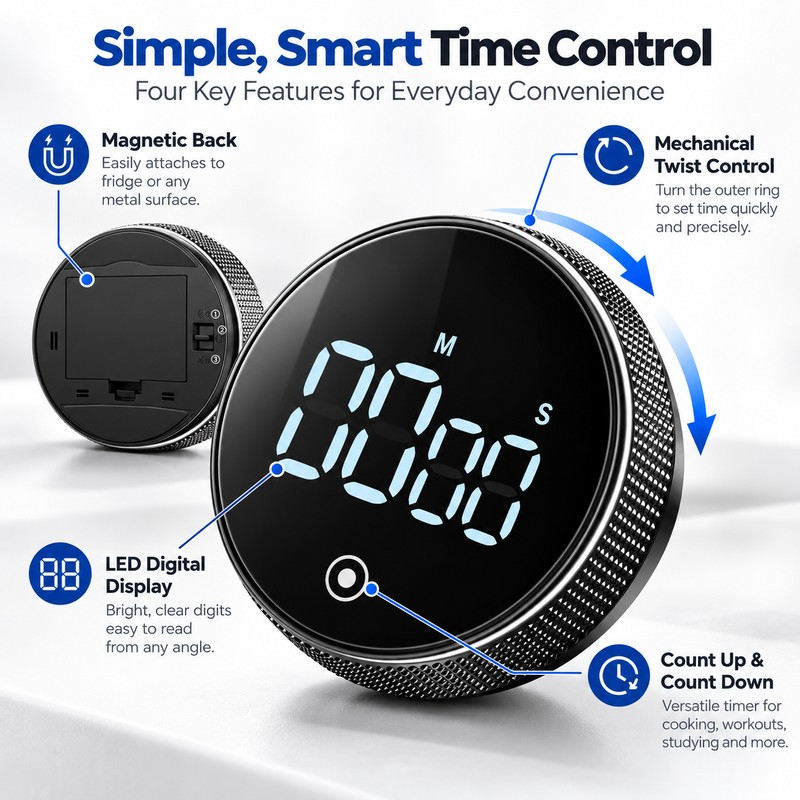 Magnetic Rotary Kitchen Timer – Battery-Free Count Up & Countdown