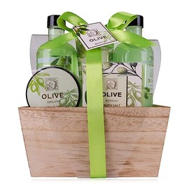 Accentra Olive Shower Set Women Gift Set in Beautiful Wooden Box - 5-Piece Care Set with Shower Gel, Bubble Bath, Body Lotion, Body Scrub and Bath Salt - Wellness Gift Set for Birthday