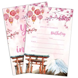 UIBOVA Cherry Blossom Birthday Invitations, 20 PCS Pink Japanese Lantern Birthday Party Invitations with Envelopes, Women Men Birthday Party Supplies Baby Shower Decorations (4" x 6")-C24