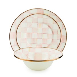 MACKENZIE-CHILDS Enamel Dinner 3-Piece Set, 10-Inch Round Serving Plate, 8-Salad/Dessert Plate, Breakfast Bowl, Rosy Check