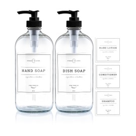 Vine Creations Clear Glass Soap Dispenser, 2 Pack Kitchen Soap Dispenser Set with Rustproof Pump, 16 oz Dish Soap and Hand Soap Dispensers for Bathroom with Waterproof Labels