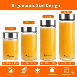 poweco Glass Juice Bottles 4 Pack 10 oz - Wide Mouth Glass Water Bottles with Lids - for Juicing, Protein, Smoothie, Milk, Reusable, BPA Free, Stainless Steel Lids, Blender, Shaker Bottle (300ml)
