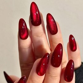 Burgundy Press on Nails Almond Fake Nails Medium Nails Press ons Cat Eye Glue on Nails Full Cover Acrylic Nails Spring Summer False Nails Daily Wear Simple Stick on Nails for Women 24Pcs