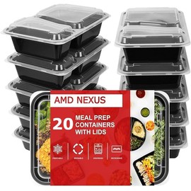 AMD Nexus [20 Pack, 32oz] 2 Compartment Plastic Meal Prep Containers - Reusable BPA Free Food Containers with Airtight Lids - Microwavable, Freezer and Dishwasher Safe