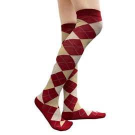 COUVER Women's Thigh High/Over Knee Fashion Argyle Socks, Cardinal/Beige/Ash, Medium, 1 Pair