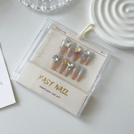 24pcs French Luxury Press On Nails Coffin Nails False Nails, Silver Glitter with Crystal Gems and Large Bow Tie