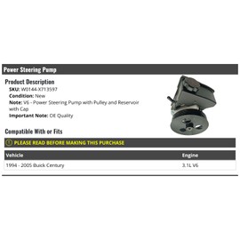 Power Steering Pump with Pulley and Reservoir with Cap - Compatible with 1994-2005 Buick Century 3.1L V6