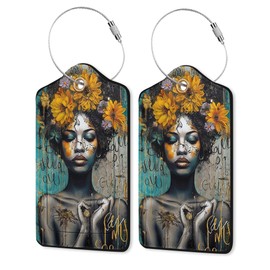 2 Pack Leather Luggage Tag for Suitcase African Girl Art Unique Travel Tags with Privacy Cover ID Label & Stainless Steel Loop for Men and Women Baggage