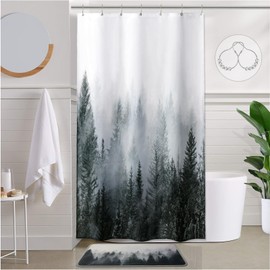 ORTIGIA ORTIGIA 36x72 Misty Forest Stall Shower Curtain for Small Bathroom, Dark Green Half Size Narrow Nature Woodland Shower Curtain Set with Hooks, Waterproof Fabric Pine Tree Fog Magic Home Bath Curtain
