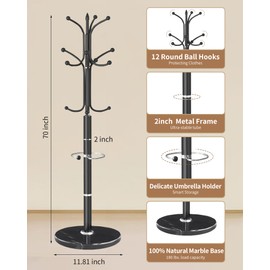 EZIVIEZ Modern Coat Rack Stand, Metal Freestanding Coat Rack with Natural Marble Base, Heavy-Duty Coat Racks with Umbrella Holder,Black Coat Hanger Stand with 12 Hooks for Office, Entryway, Hallway