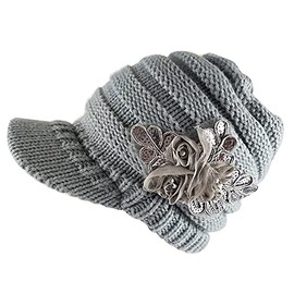 Xilery Women's Warm Lined Knit Newsboy Cap Slouch Beanie Newsboy Cabbie Cap with Visor (One Size, Grey)