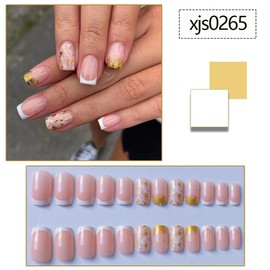 24Pcs White French Tip Press on Nails Short Square Gold Foil Fake Nails Glossy Pink Nails Full Cover Glue on Nails Acrylic False Nails Cute Artificial Stick on Nails Reusable for Women Nail Decoration
