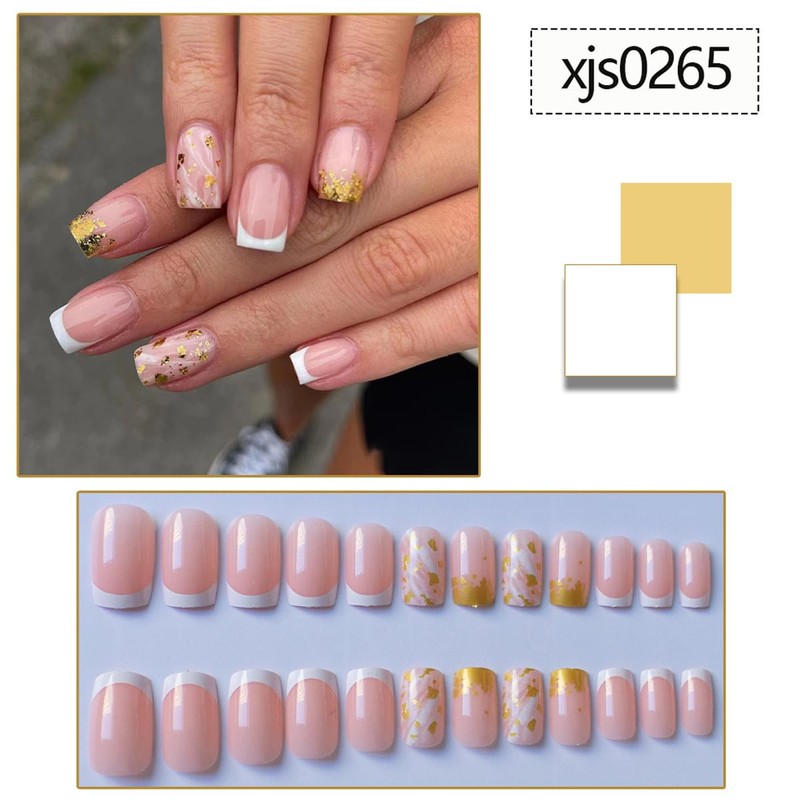 24Pcs White French Tip Press on Nails Short Square Gold