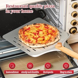 ROCKSHEAT Pizza Cutter Rocker & 12 Inch Rotating Pizza Peel Set - Anodized Aluminum Peel with Wooden Handle, Includes Plastic Blade Guard - Ideal for Pizza Oven Baking & Slicing