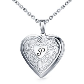 Locket Necklace Holds Pictures Alphabet Initial Letter Love Heart Lockets 18K Gold Plated Photo Memory Locket Necklaces Silver P