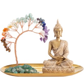 7 Chakra Healing Crystal Tree and Zen Statue, Sakyamuni Buddha Statue, Meditation Chakra Decoration, Home, Shelf, Office, Mantle Decoration, Good Luck, Health and Wealth