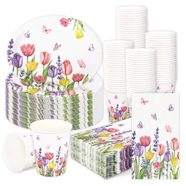 FYSUIMU Tulip Floral Plates and Napkins Party Tableware Set Spring Flower Party Supplies Oval Paper Plates Cups Guest Napkin Serves 24 Guests for Spring Baby Bridal Shower Birthday Tea Party Favors