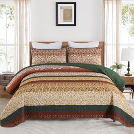 DJY Boho Quilt Set King Size Brown Green Bohemian Striped Bedspread Coverlet Set, Boho Floral Pattern Soft Microfiber Quilted Bedding Set for All Season, 104''x90''
