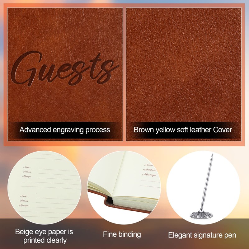 Geyee Leather Guest Book and Pen Stand Set, 10.5" x