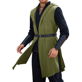 Runcati Mens Renaissance Costume Hooded Surcoat Medieval Knight Sleeveless Tunic Tops Tabard Viking Holloween Cloak Army Green