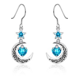 Shysnow Moon Birthstone Earrings for Women 925 Sterling Silver Half Moon Star Dangle Drop Earrings with Heart Crystal Birthday Jewelry for Women, Sterling Silver, Cubic Zirconia