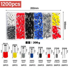 Socpuro Ferrule Crimping Tool, 0.25 - 10 mm², Crimping Pliers Set, 1,200 Pieces, Ferrule Terminal, Crimping Tool, Carbon Steel, Ferrule Crimping Pliers, Square, Caulking Tool Set, Wire End Sleeve,
