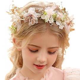 Campsis Princess Flower Girl Headpiece Pink Floral Crystal Headband Handmade Tulle Butterfly Pearl Hair Accessories Communion Birthday Wedding Prom Photography for Girls and Women, 7, Crystal, pearl