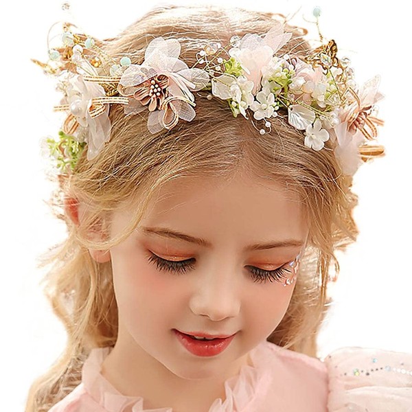 Campsis Princess Flower Girl Headpiece Pink Floral Crystal Headband Handmade Tulle Butterfly Pearl Hair Accessories Communion Birthday Wedding Prom Photography for Girls and Women, 7, Crystal, pearl