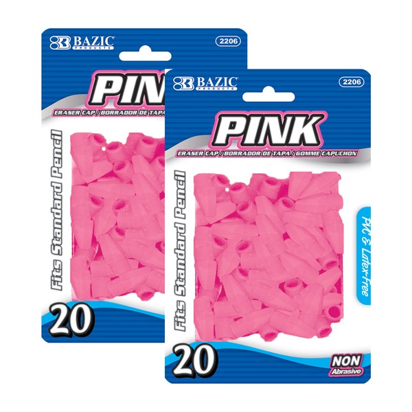 BAZIC Pink Eraser Top, Latex Free Pencil Tops Erasers, Arrowhead Caps Erasers for Kids Student, for Art Drawing School Supplies (20/Pack), 2-Packs