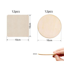 Naisfei 24 Pcs Unfinished Wood Pieces, 4 inch Balsa Wood Sheets, 12 Square & 12 Round Blank Wood Natural Slices, Wooden Cutouts for DIY Craft Supplies, Pyrography, Painting, Coasters
