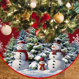 Christmas Tree Skirt, 48 Inch Round Christmas Decorations Tree Skirt, Red Snowman Xmas Tree Skirt with White Snowflate, Large Polyester Xmas Tree Mat for Winter Holiday New Year Christmas Ornament