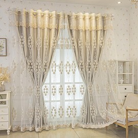 Amidoudou 1 Pair European Double Layer Curtains with Valance for Living Room Bedroom 3D Flower Embroidered Curtains (Beige,51x95 Inch)