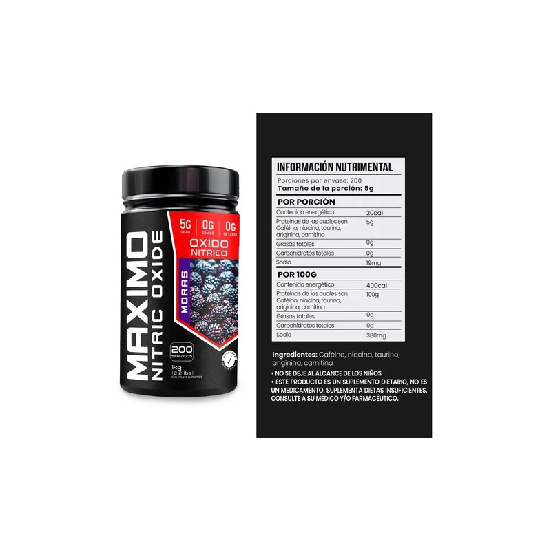 Óxido Nítrico Maximo Protein Pre Entreno 1kg 200 Servicios