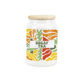 Purely Home Retro Flowers Ceramic Decaf Tea Storage Canister - Orange & Yellow Blossoms Kitchen Food Storage Container & Wooden Lid 600ml (14.5cm x 9.5cm)