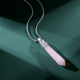 QINJIEJIE Collar de cuarzo rosa con piedras hexagonales reales y piedras preciosas de cristal para mujer